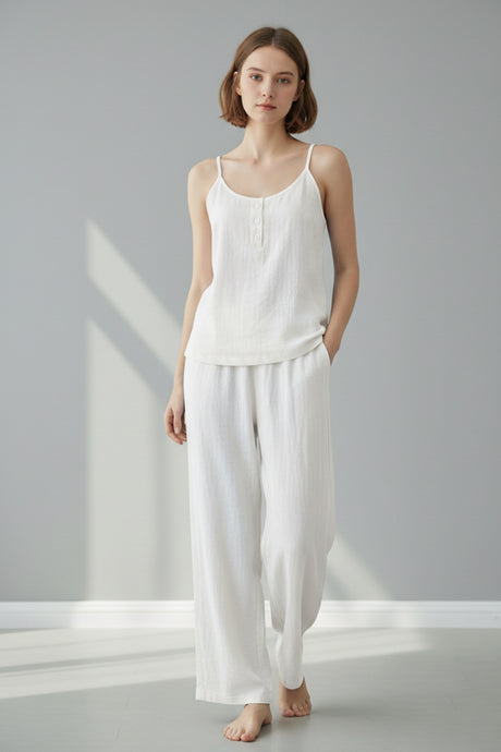 Solid Color Cotton Spaghetti Straps Long Pants Set