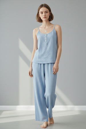 Solid Color Cotton Spaghetti Straps Long Pants Set