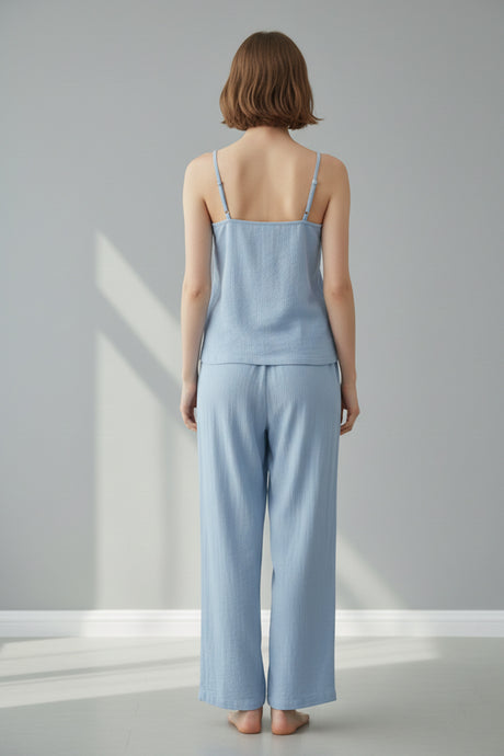 Solid Color Cotton Spaghetti Straps Long Pants Set