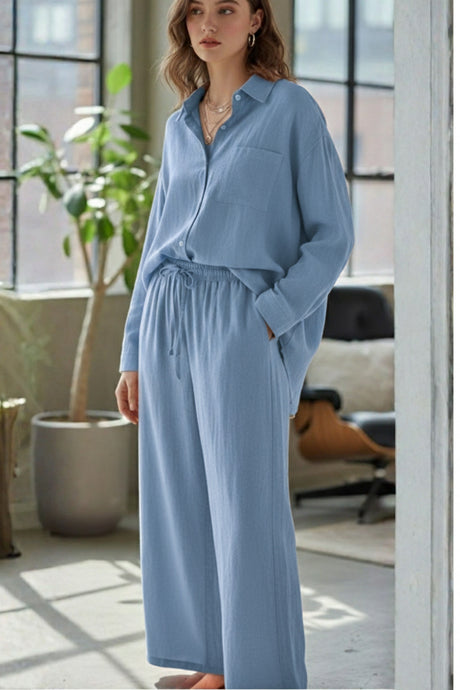 Solid Color High-waisted Linen Cotton Shirt Set