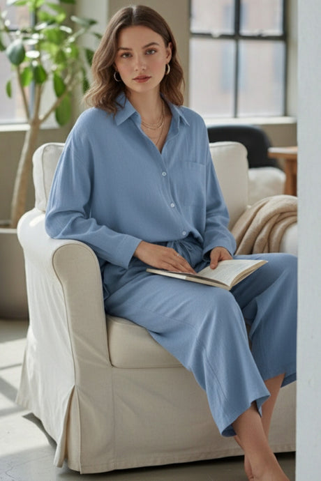 Solid Color High-waisted Linen Cotton Shirt Set
