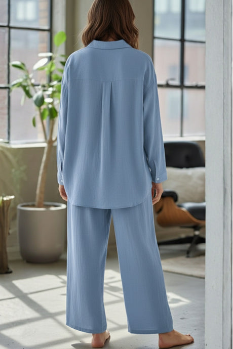 Solid Color High-waisted Linen Cotton Shirt Set