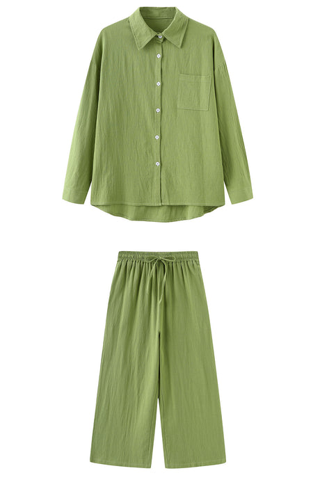 Solid Color High-waisted Linen Cotton Shirt Set