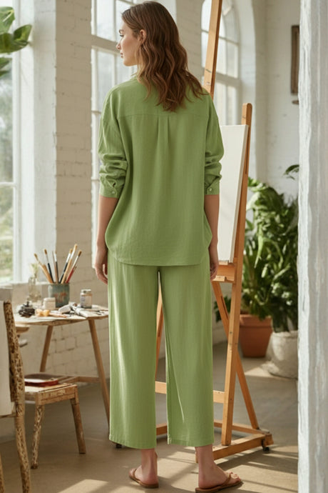 Solid Color High-waisted Linen Cotton Shirt Set