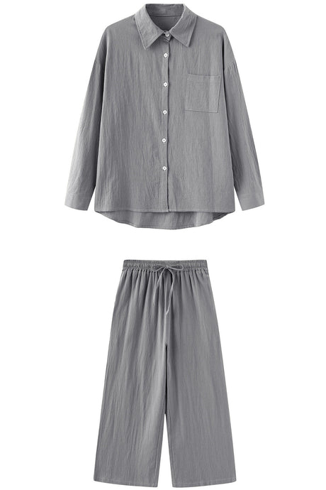 Solid Color High-waisted Linen Cotton Shirt Set