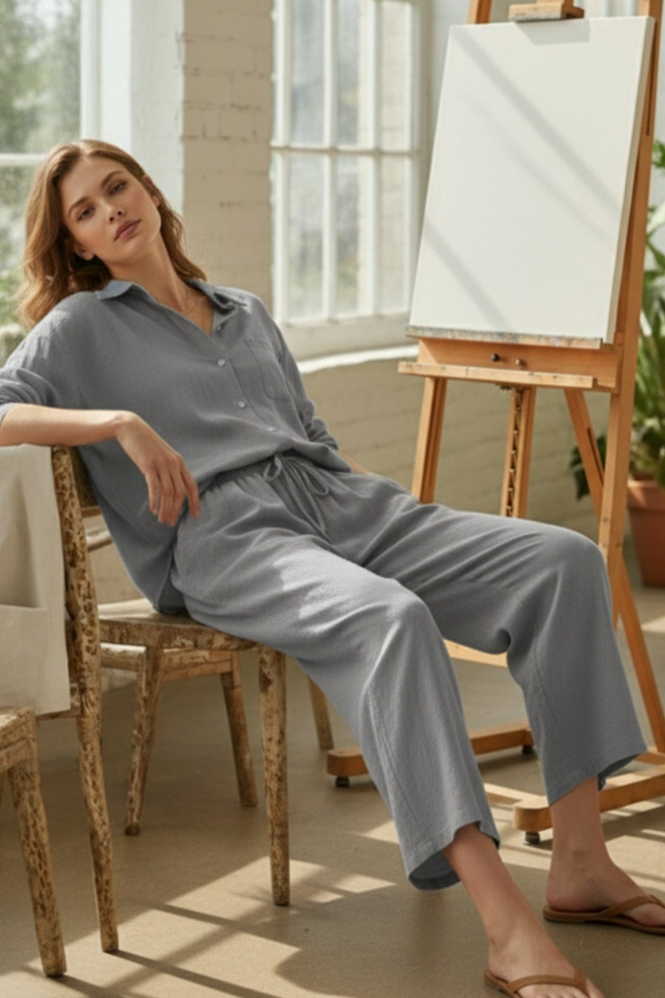 Solid Color High-waisted Linen Cotton Shirt Set