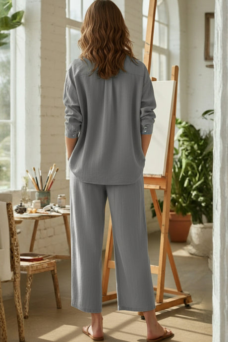 Solid Color High-waisted Linen Cotton Shirt Set