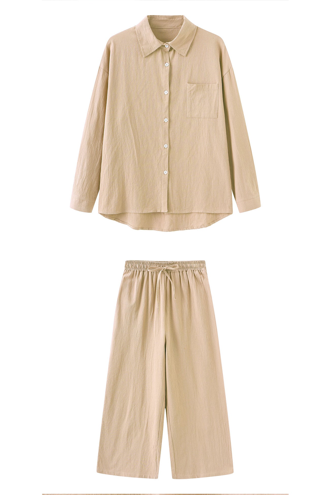 Solid Color High-waisted Linen Cotton Shirt Set