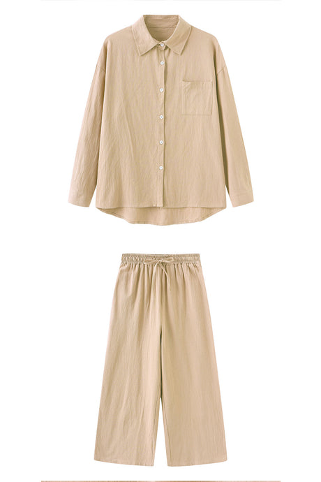 Solid Color High-waisted Linen Cotton Shirt Set