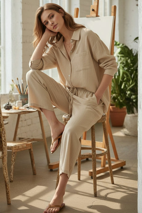 Solid Color High-waisted Linen Cotton Shirt Set