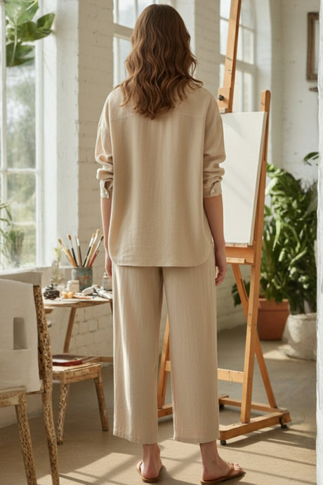 Solid Color High-waisted Linen Cotton Shirt Set