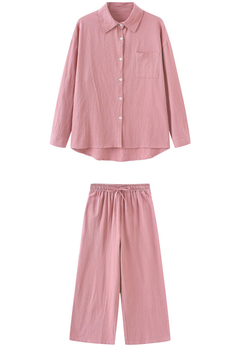 Solid Color High-waisted Linen Cotton Shirt Set