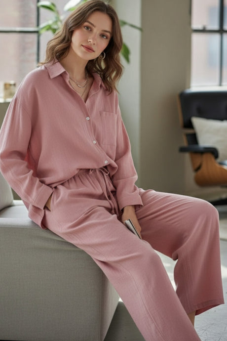 Solid Color High-waisted Linen Cotton Shirt Set