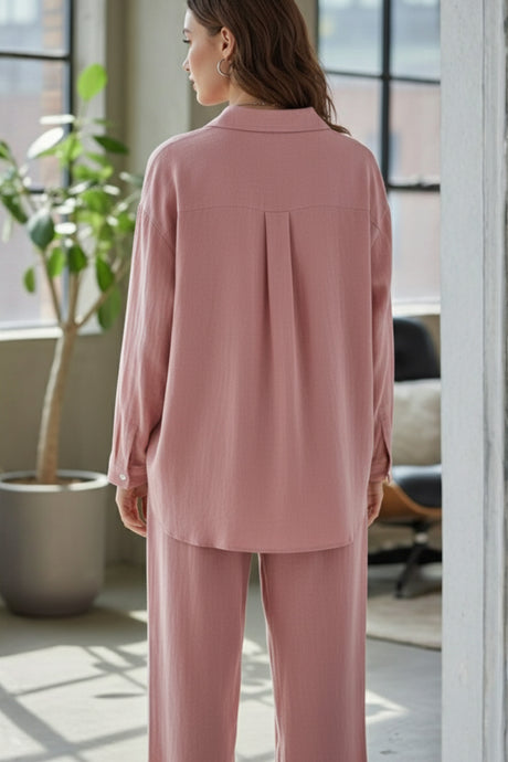 Solid Color High-waisted Linen Cotton Shirt Set