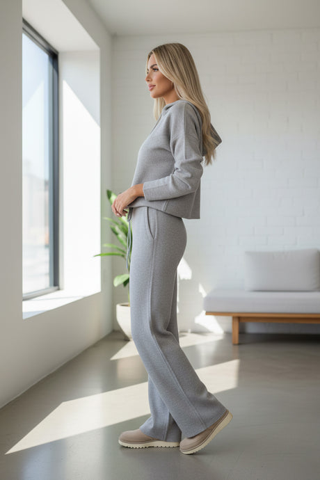 Solid Color Hooded Sweatshirt Wide-leg Outfit Set