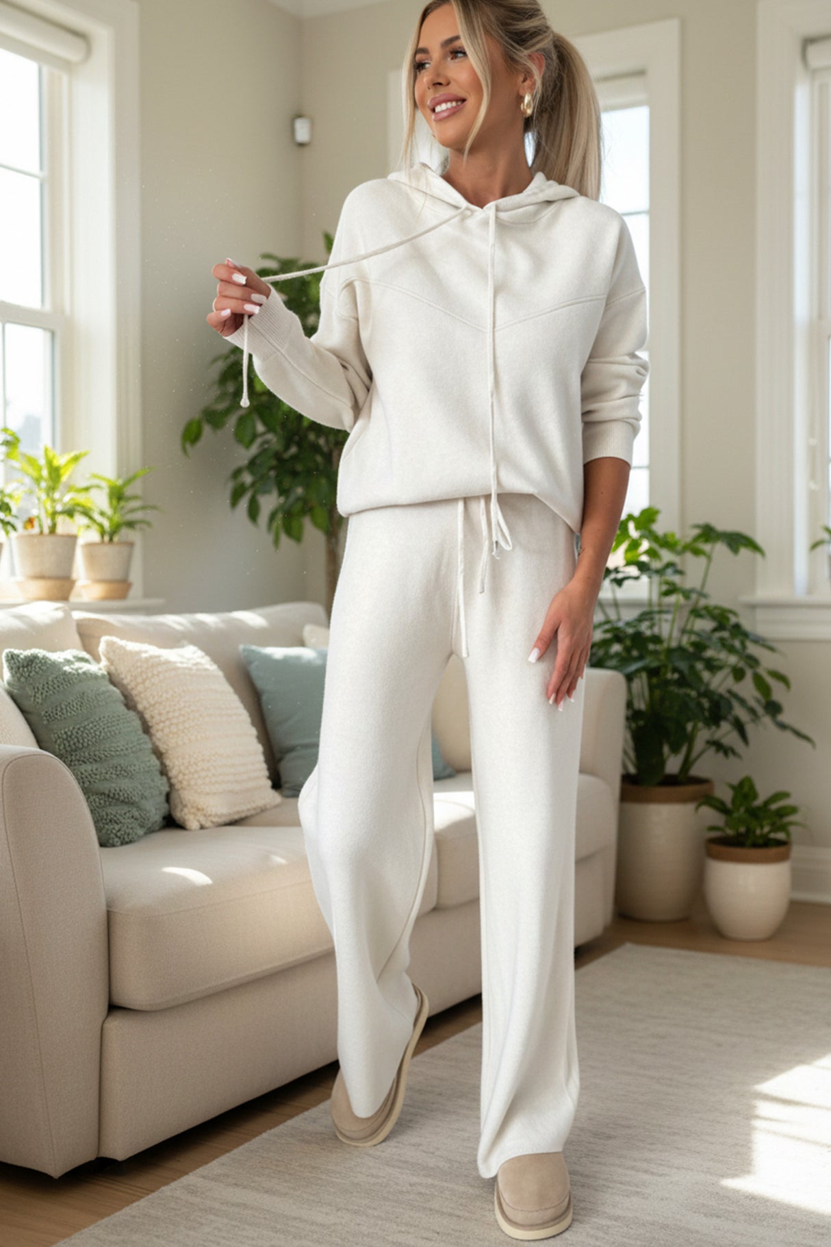 Solid Color Hooded Sweatshirt Wide-leg Outfit Set
