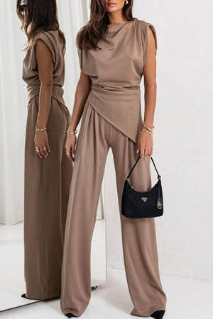 Arolora Solid Color Irregular Vest Pants Set