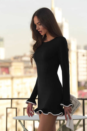 Solid Color Long Sleeve Ruffled Bodycon Dress
