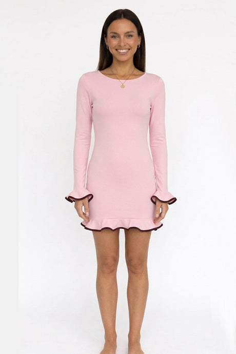 Solid Color Long Sleeve Ruffled Bodycon Dress