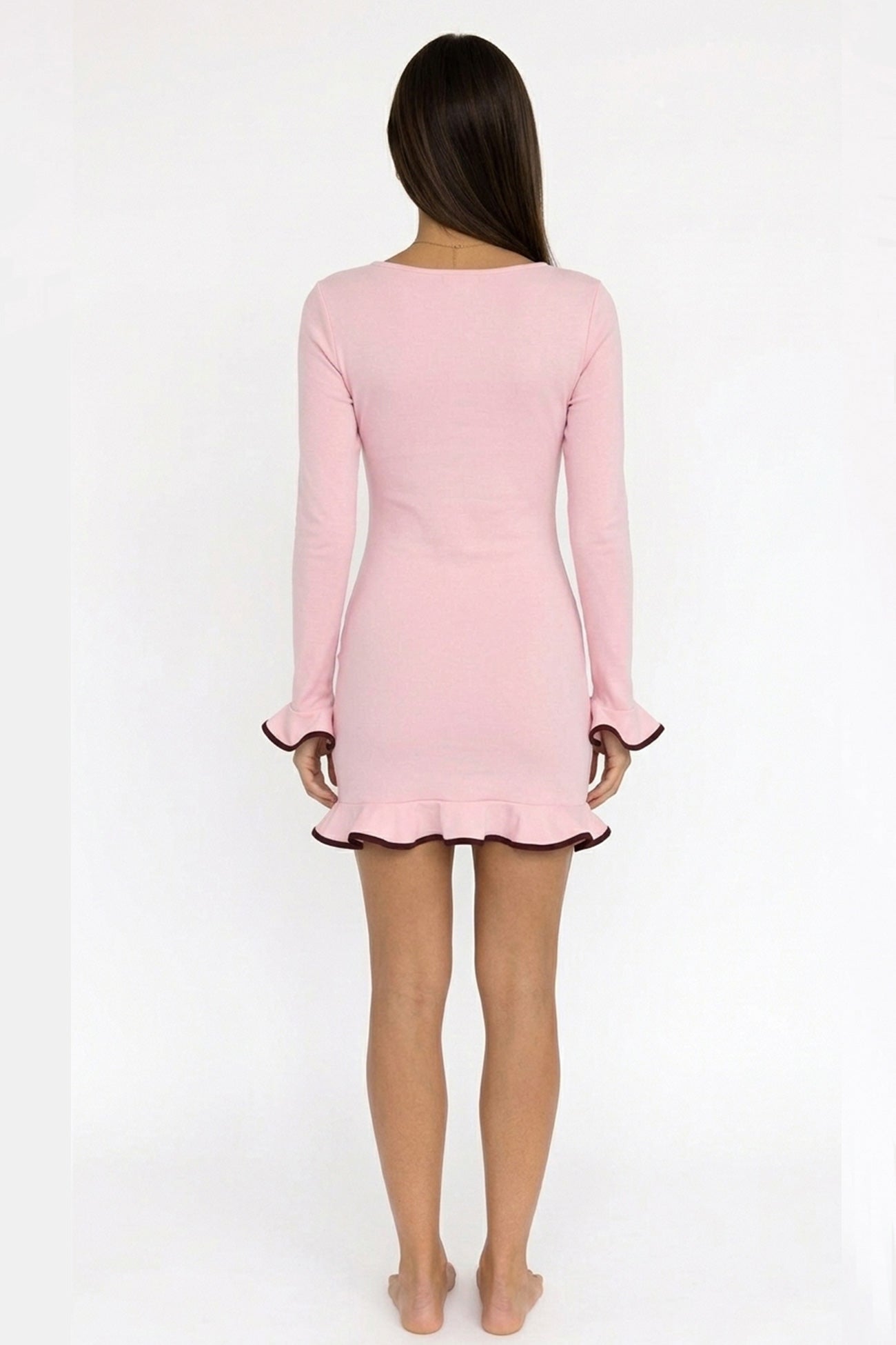 Solid Color Long Sleeve Ruffled Bodycon Dress