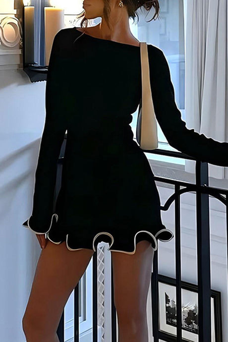 Solid Color Long Sleeve Ruffled Bodycon Dress
