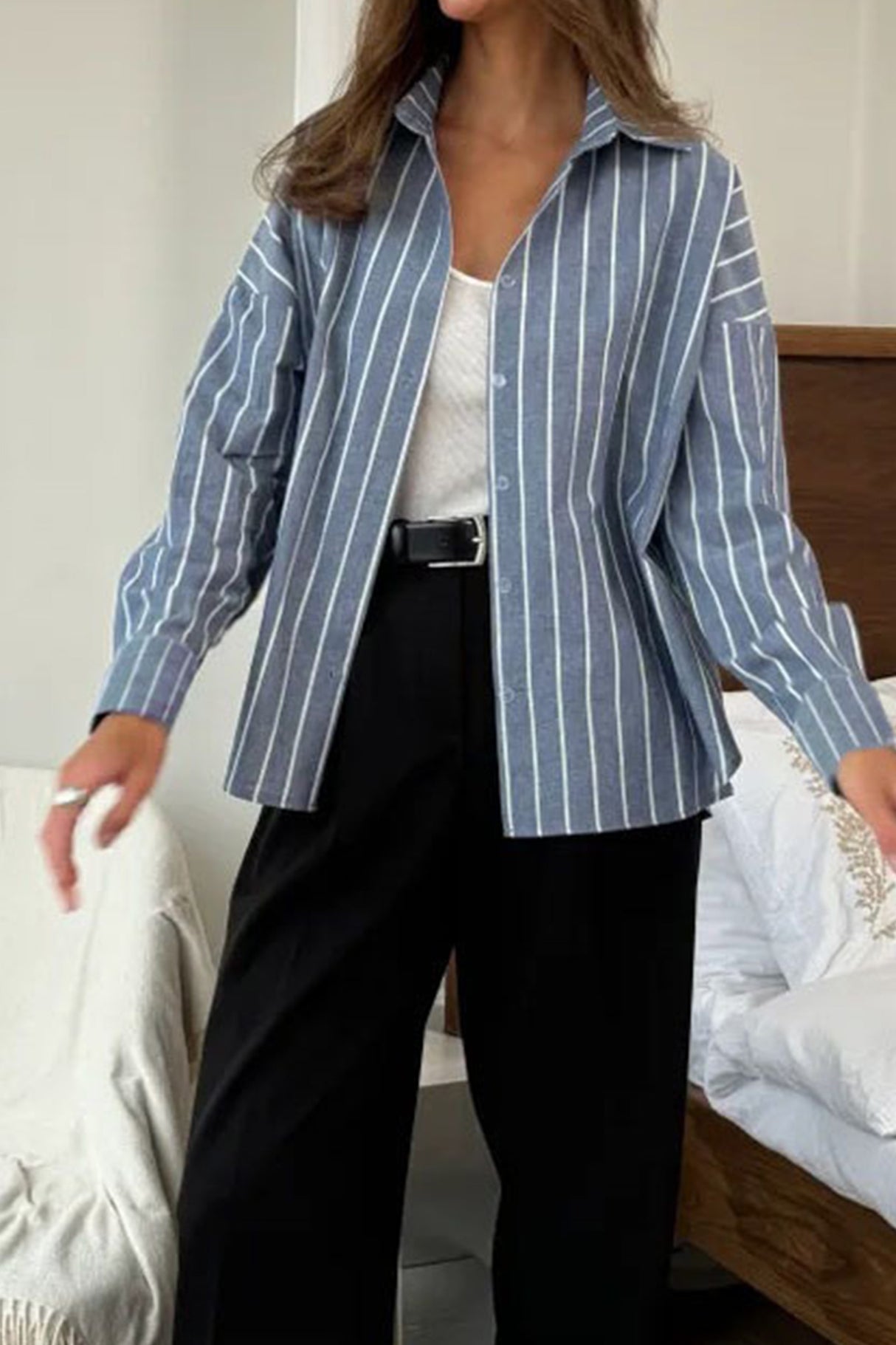 Solid Color Long Sleeve Striped Shirts