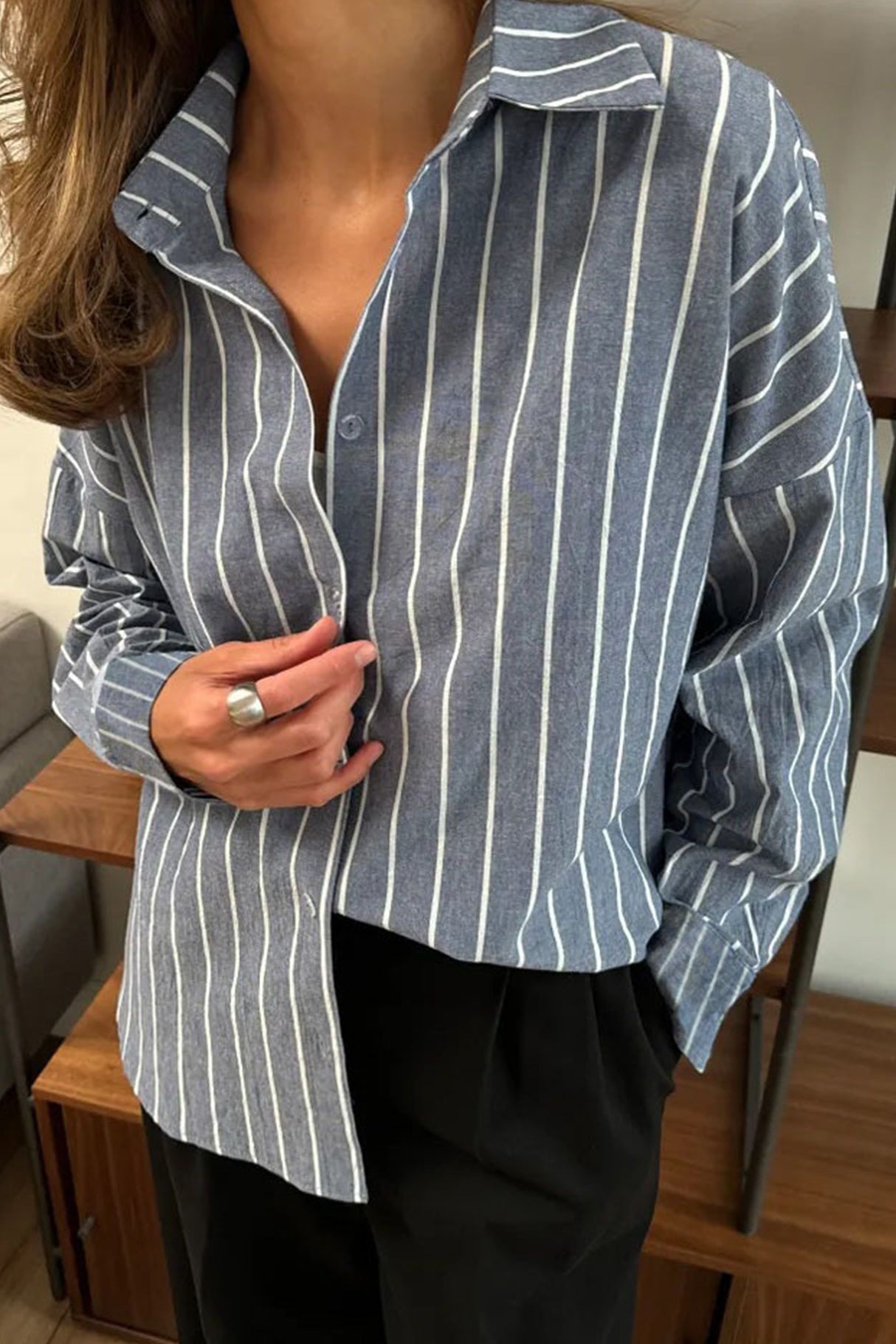 Solid Color Long Sleeve Striped Shirts