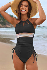 Arolora Solid Color Patchwork Halter One-Piece Swimsuit