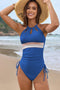 Arolora Solid Color Patchwork Halter One-Piece Swimsuit