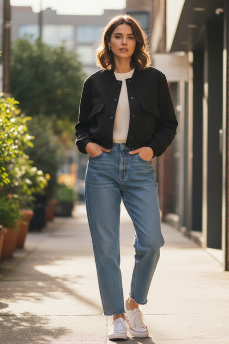 Solid Color Pocket Stand Collar Jacket