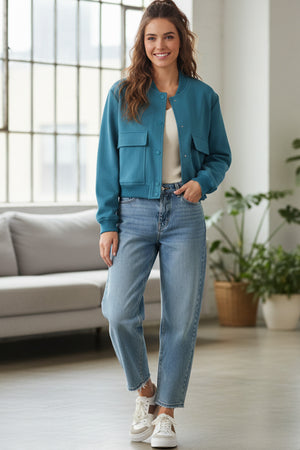 Solid Color Pocket Stand Collar Jacket