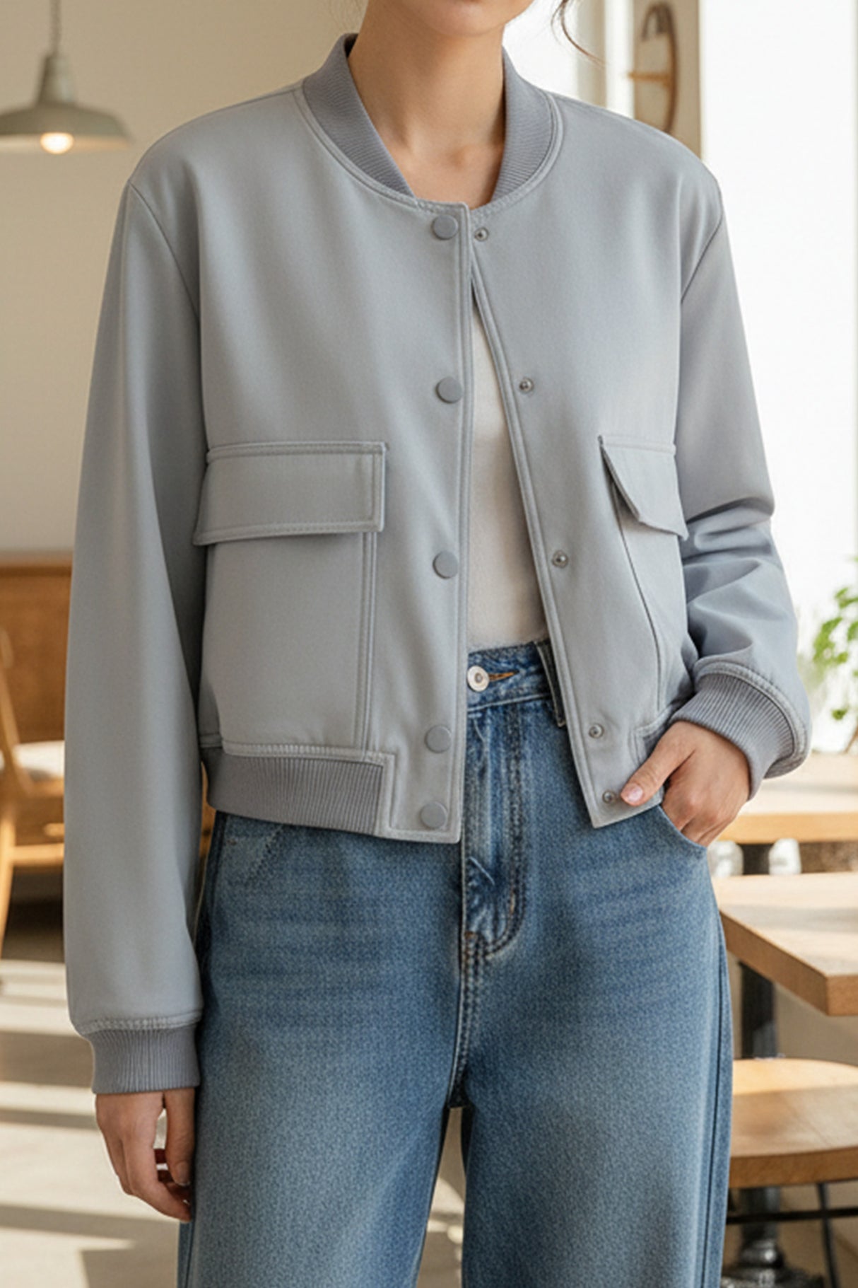 Solid Color Pocket Stand Collar Jacket