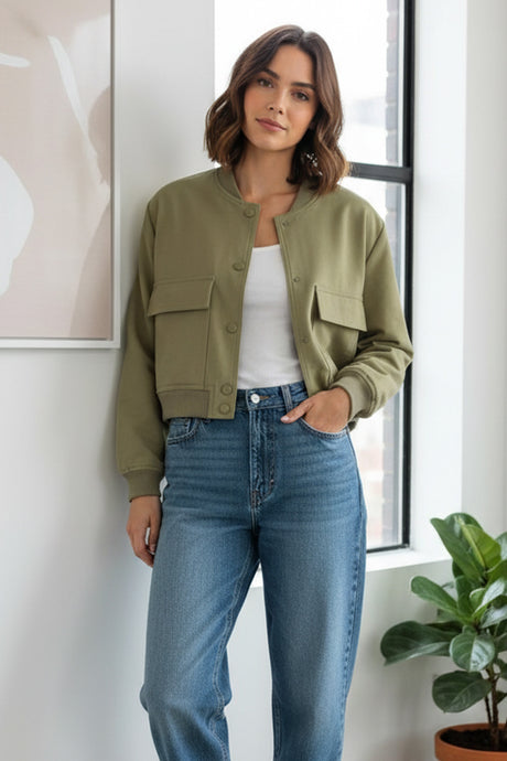 Solid Color Pocket Stand Collar Jacket