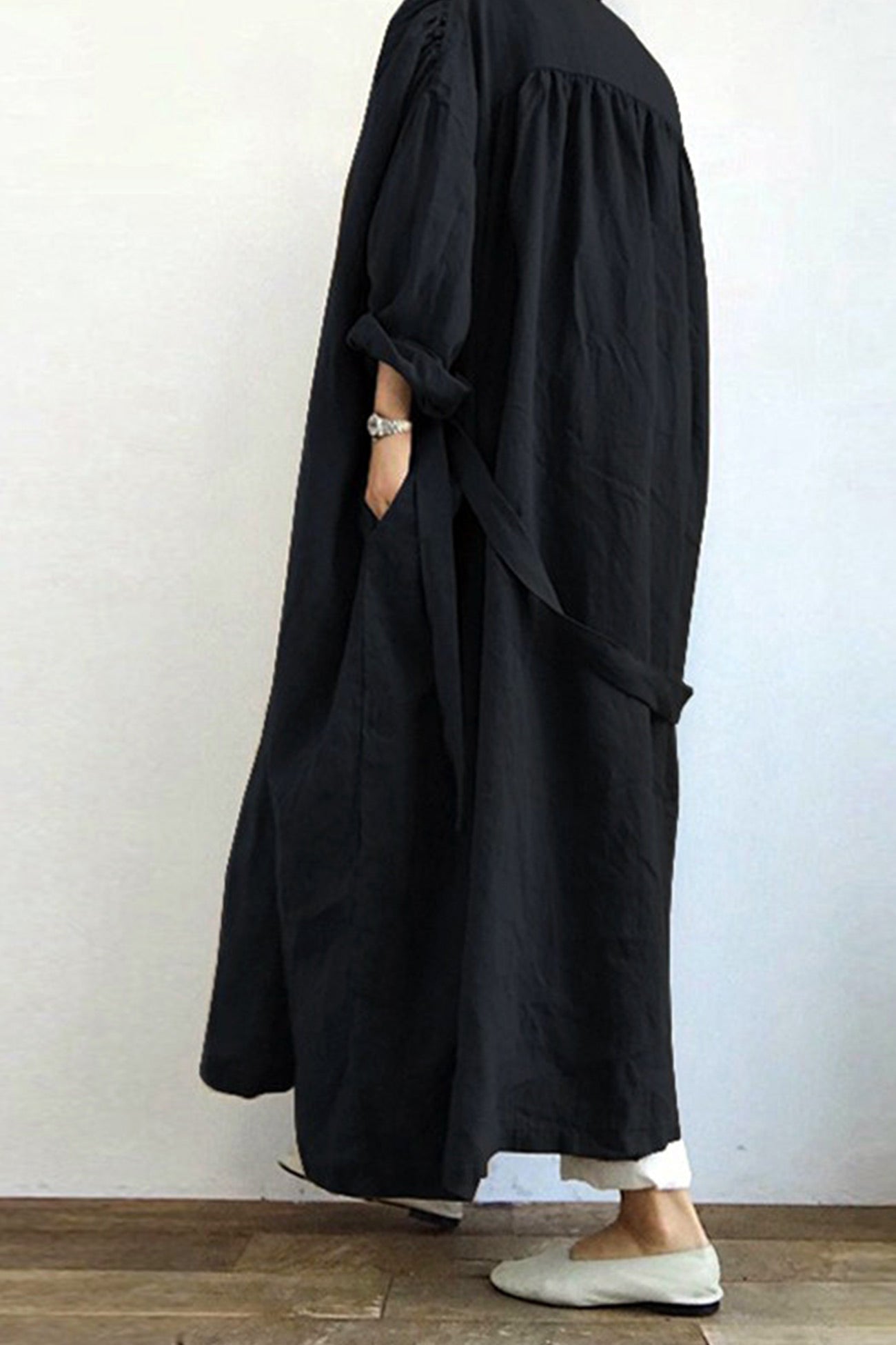 Arolora solid-color-pocketed-long-trench-coat