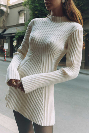 Arolora solid-color-ribbed-knitted-dress