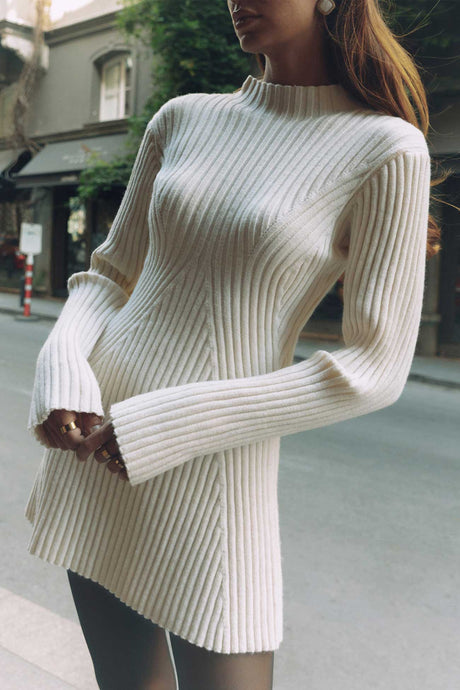 Arolora solid-color-ribbed-knitted-dress