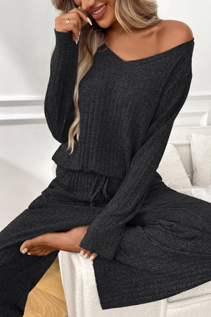 Solid Color Ribbed Long Sleeve Two-piece Sets