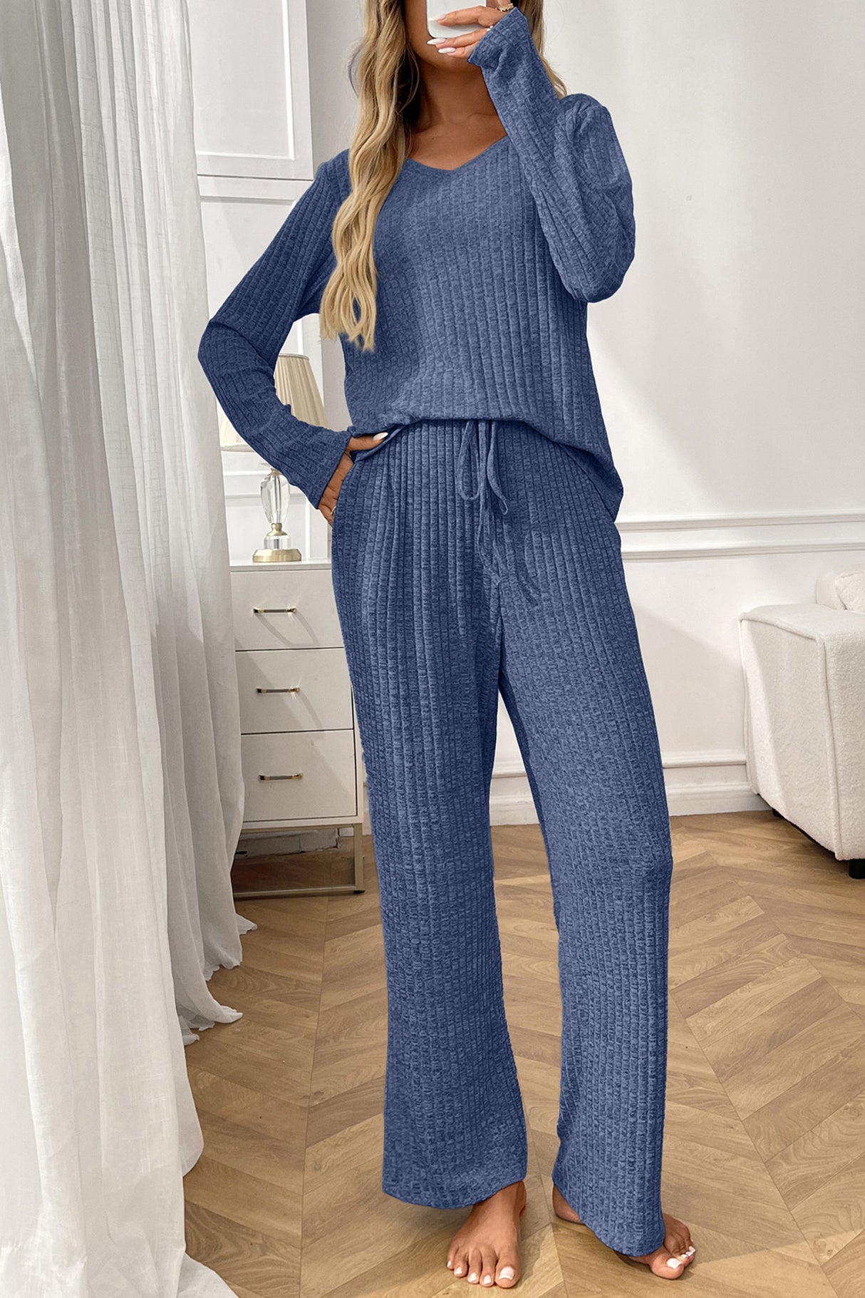 Solid Color Ribbed Long Sleeve Two-piece Sets
