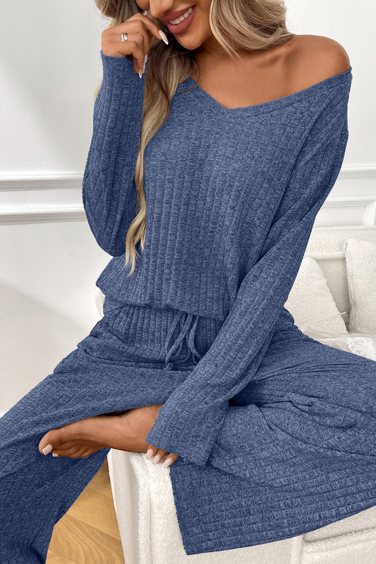 Solid Color Ribbed Long Sleeve Two-piece Sets