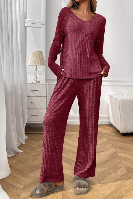 Solid Color Ribbed Long Sleeve Two-piece Sets