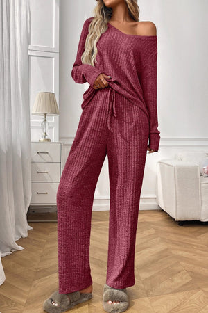Solid Color Ribbed Long Sleeve Two-piece Sets