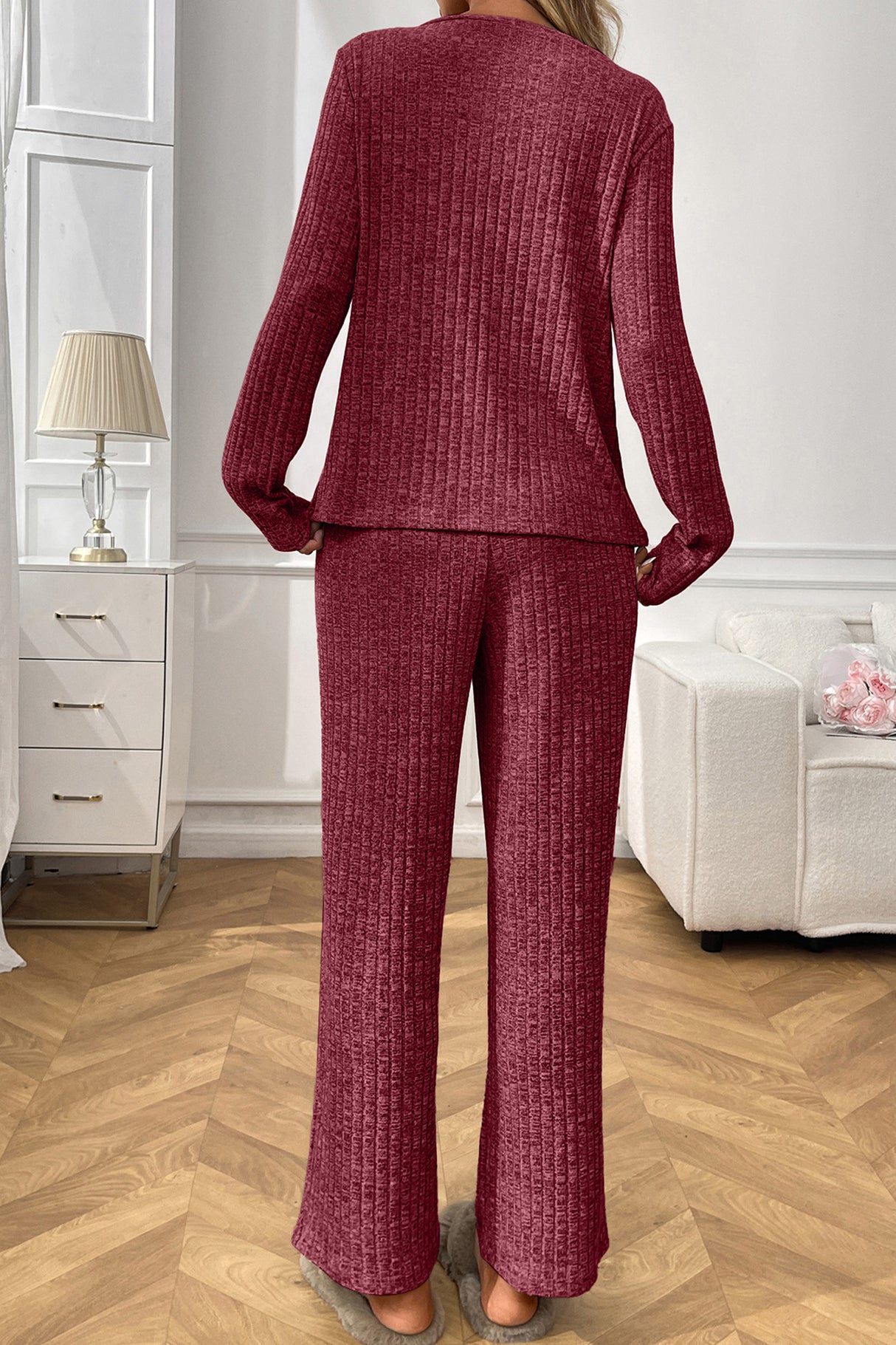 Solid Color Ribbed Long Sleeve Two-piece Sets