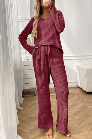 Solid Color Ribbed Long Sleeve Two-piece Sets