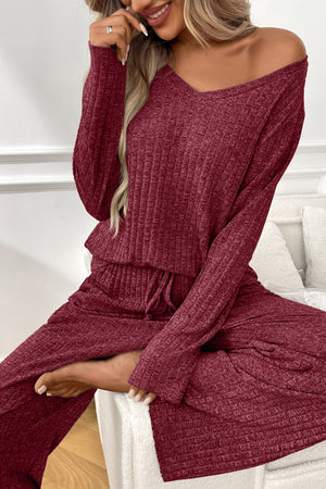 Solid Color Ribbed Long Sleeve Two-piece Sets