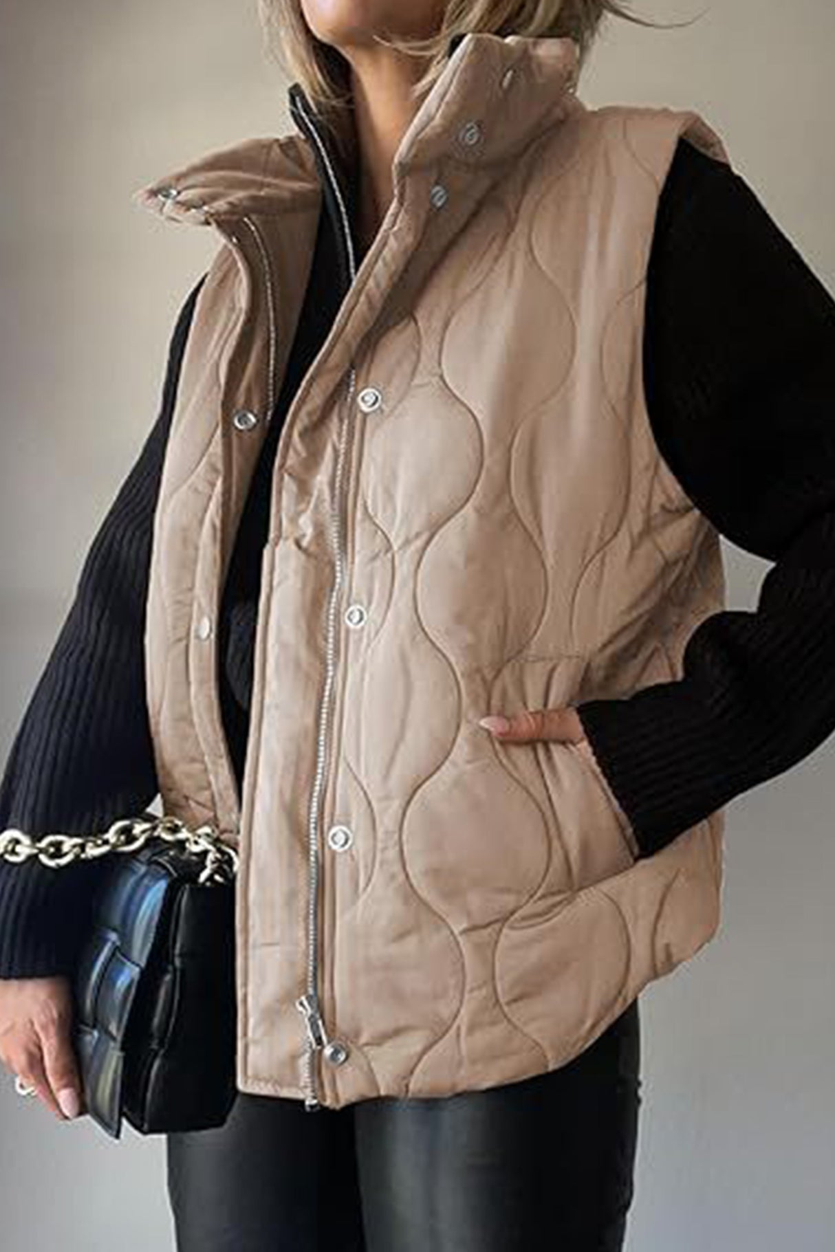 Solid Color Sleeveless Zipper Vest with Buttons