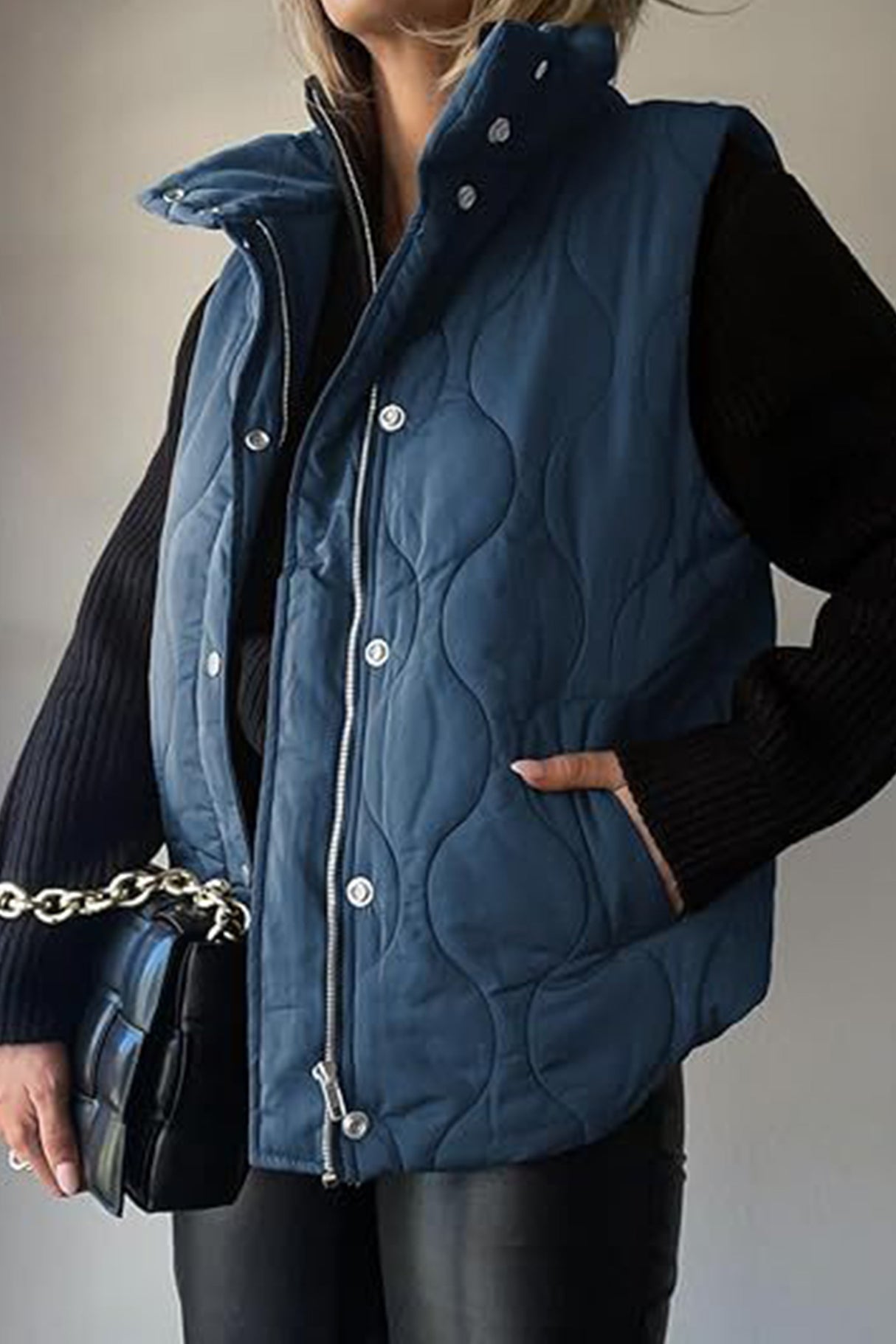 Solid Color Sleeveless Zipper Vest with Buttons