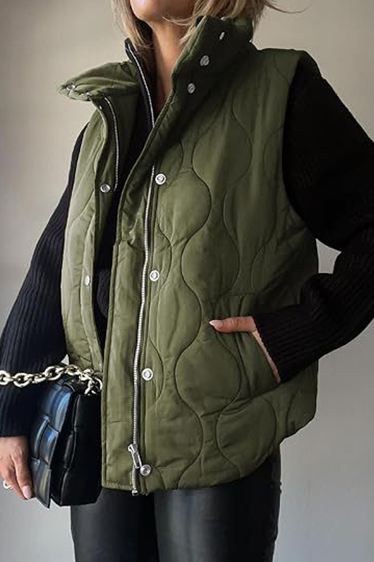 Solid Color Sleeveless Zipper Vest with Buttons