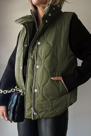 Solid Color Sleeveless Zipper Vest with Buttons