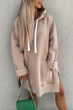Solid Color Slit Mid-length Hoodie