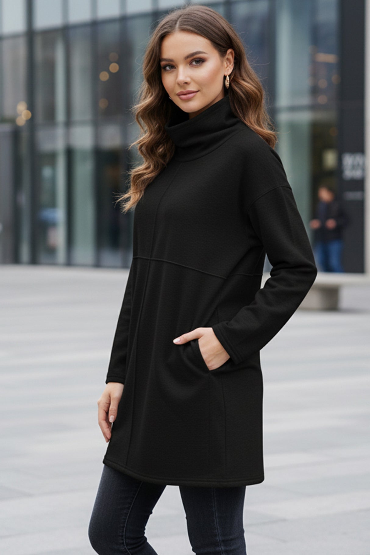 Solid Color Turtleneck Pocket Pullover Sweatshirt